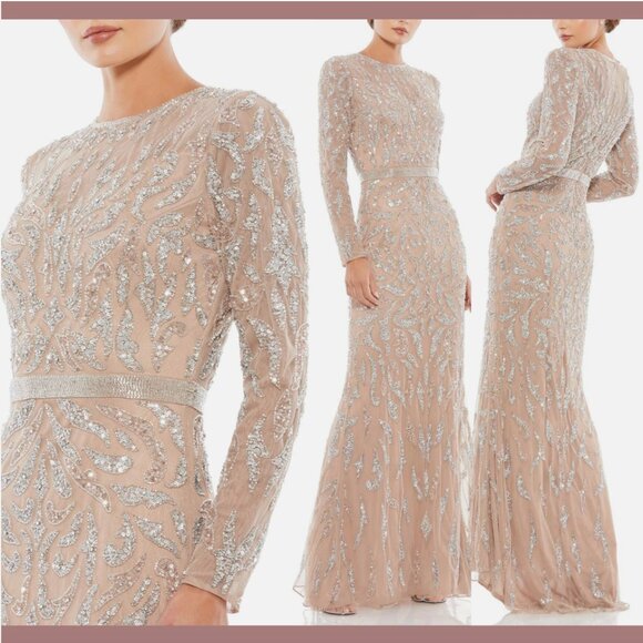 NWT $598 Mac Duggal [ 12 ] Beaded Long Sleeve Evening Gown in Mocha #Q766‎ - Picture 1 of 16